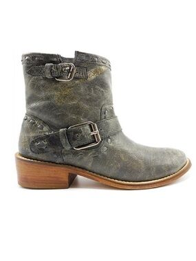 Musse & Cloud Anzel Distressed Gray Leather Moto Boot Buckle Block Heel Western